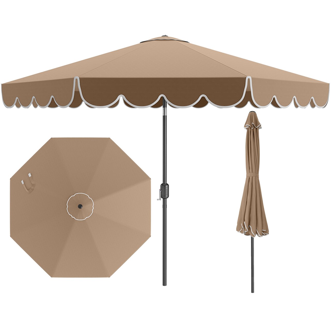 Costway 10 FT Patio Umbrella with Crank Tilt Adjustment Ruffles Vented Top 8 Ribs Beige/Brown/Gray/Blue/Red